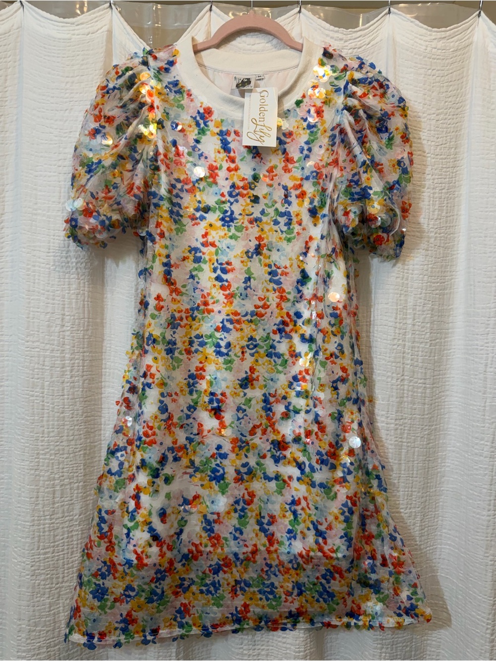 White Mini Dress with Multicolor Sequin Petals